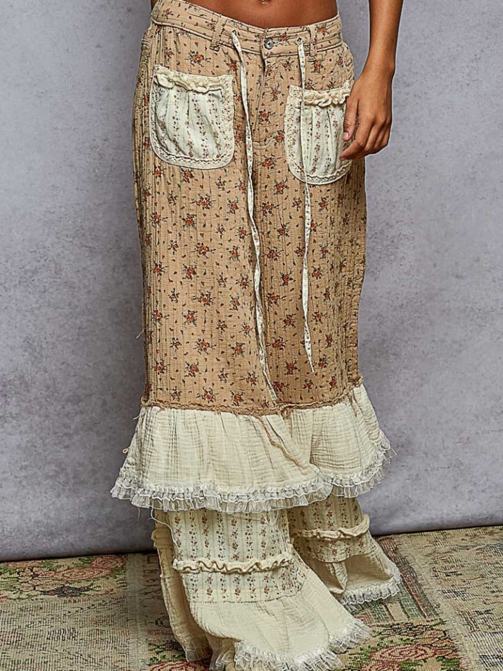 "The Christine" Beige Floral Wide-Leg Pants, Ruffled Panels, Fr. Patch Pocket S